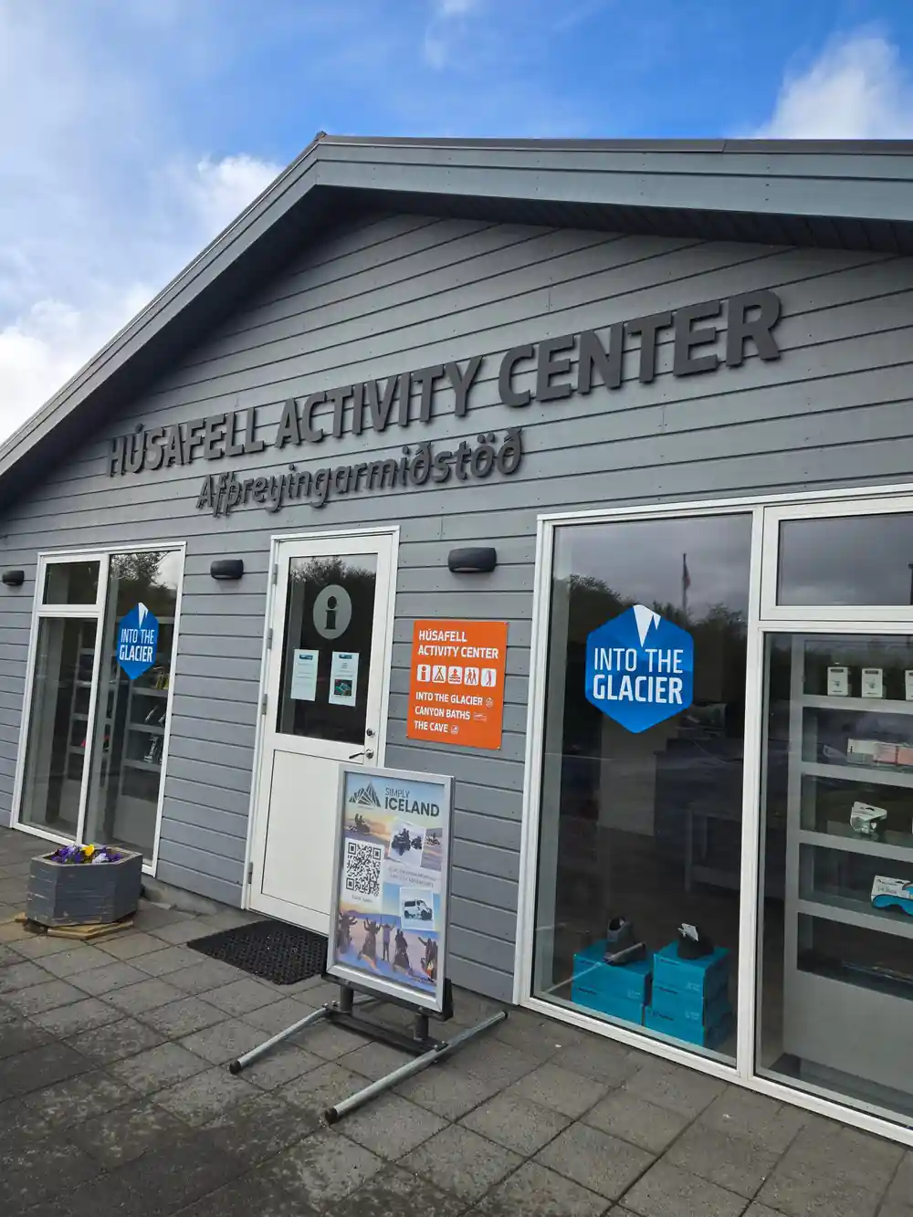 Activity center building with blue glacier sign exterior